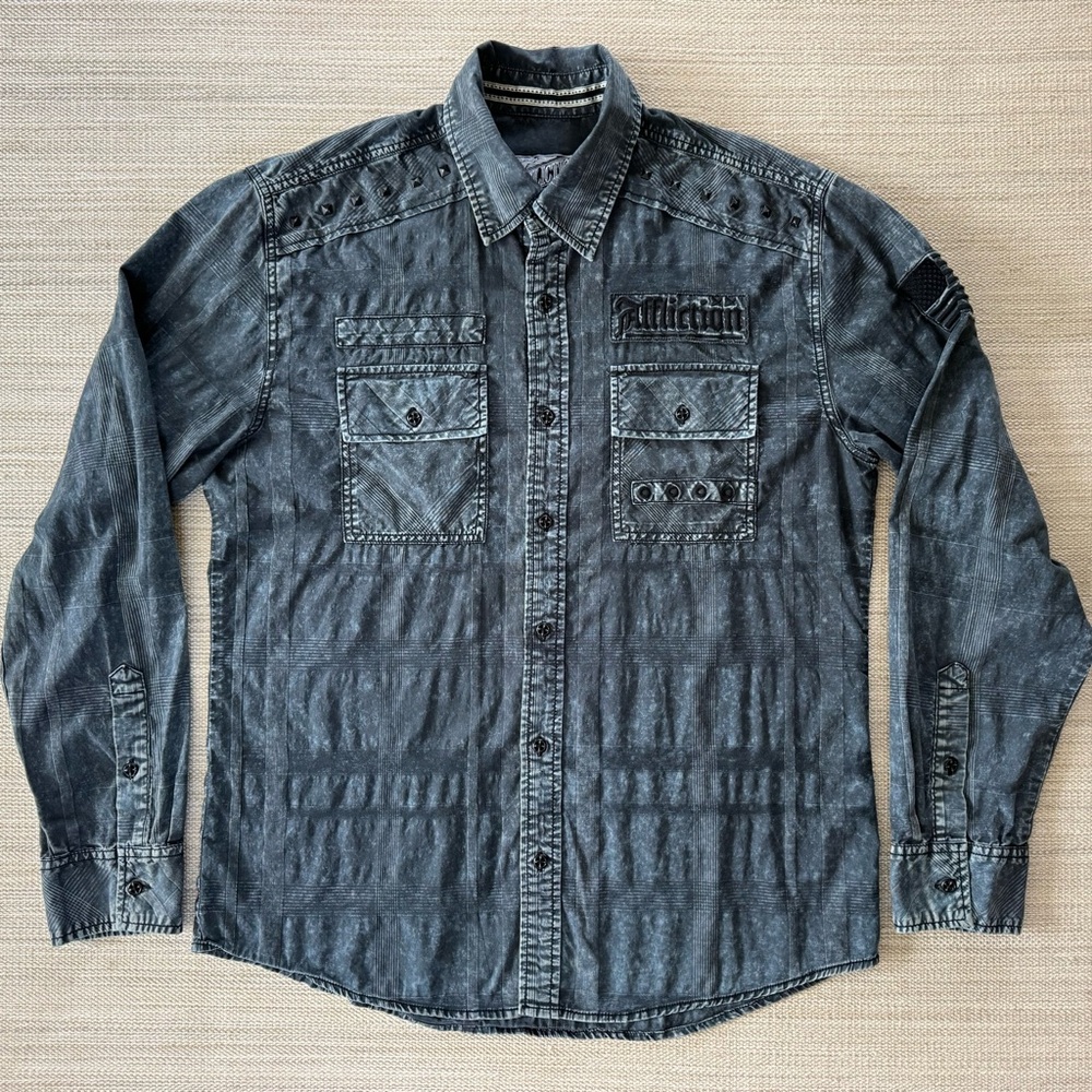 Affliction grey washed embroidered stud detail long sleeve button up shirt men L